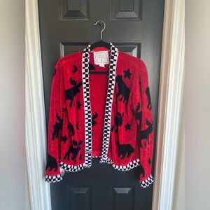 J 2 New York Vintage Chenille Red/Black/White Moose & Bear Cardigan-Size M